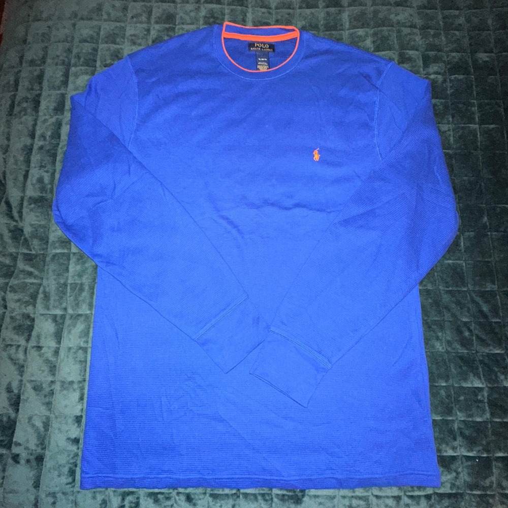 Polo Ralph Lauren Mens XL Blue Waffle Knit Thermal Long Sleeve Shirt Orange Pony